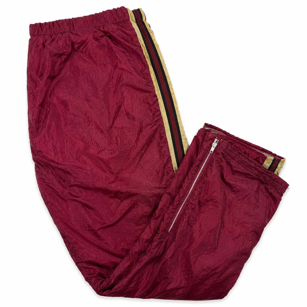 Vintage 1980s Maroon Windbreaker Track Pants with Gold Side Stripe and Zip Cuffs